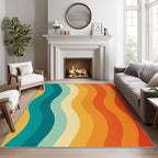 70s Rugs for Bedroom -Retro 70s Rug, 5x6 ft, Vintage Abstract Wave Area Rug, Colorful Groovy Washable Non-Slip Stain Resistant Carpet, Retro Swirl Striped Home Decor & Gifts