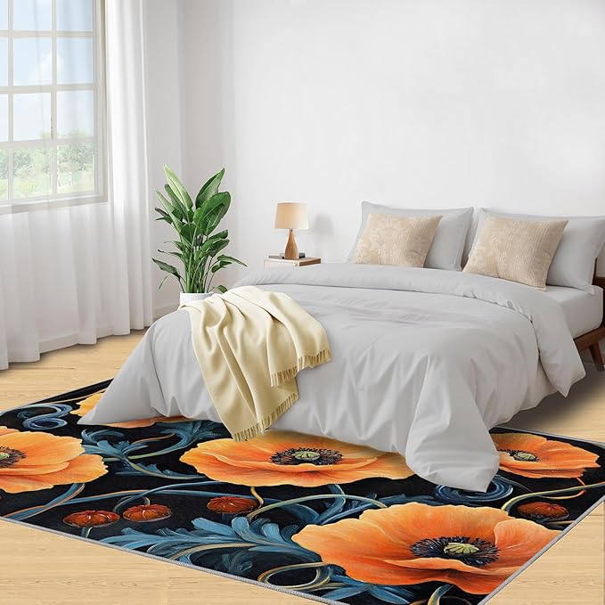 5x7 Poppy Rugs for Bedroom - Retro Florals Art Print Rug, Rustic Flowers Art Rug Non Slip Soft Rugs for Living Room Hardwood Floors Teen Room