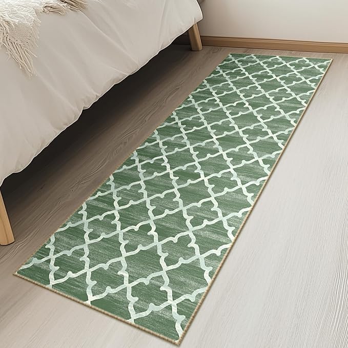 Area Rug 2x8, Moroccan Trellis Print Carpet, Machine Washable Non-Slip Rugs for Living Room, Bedroom, Dining Room & Entryway, Green