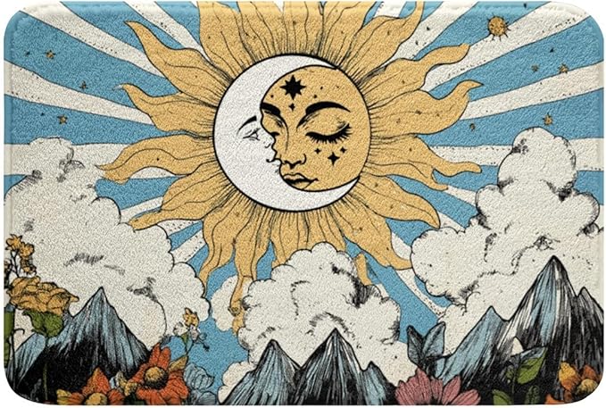 Erosebridal Sun and Moon Bathroom Rugs Boho Bohemian Hippie Bath Mat Moon Phase Print Non Slip Bath Rugs Geometric Striped Fluffy Plush Rugs 20x32 Sunflower Daisy Shower Carpet Retro Decor