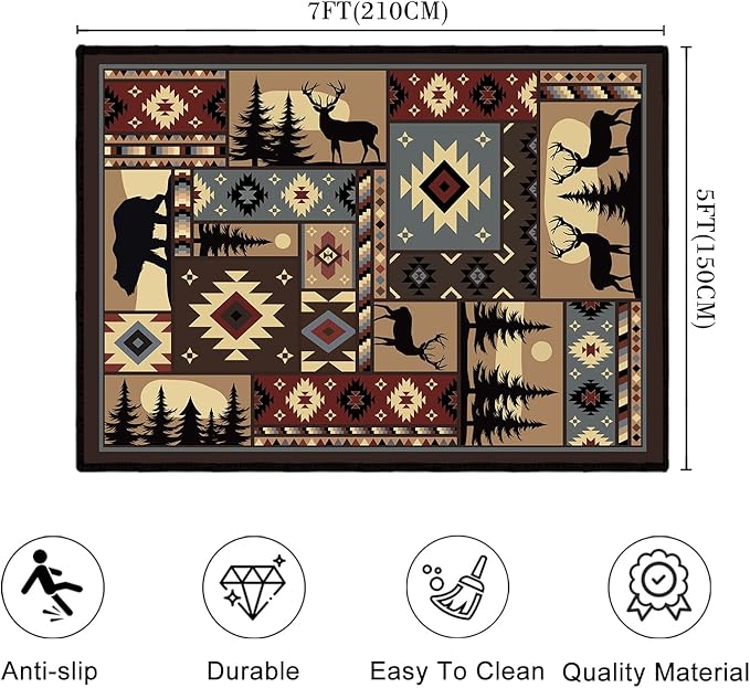 Rustic Cabin Wildlife Area Rug 5x7 Living Room Rug,Buffalo Plaid Bear Moose Deer Country,Vintage Throw Rugs Carpet for Dining Room Washable Bedroom Rug Non Slip Floor Carpets for Office,Kids Playroom