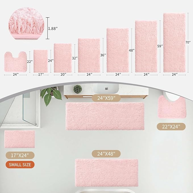 Bathroom Rugs 24x48 Non Slip Pink Fluffy Bath Mat for Bathroom Floor Washable Plush Luxury Bath Rug for Tub Soft Shaggy Absorbent Shower Sink Mat