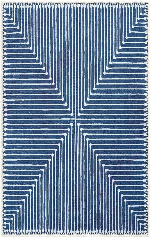 GLN Rugs Contemporary Collection - Machine Washable Area Rug, Contemporary Washable, Non Slip, Low Pile Chenille Rug, Living Room, Bedroom, Kitchen Rug (2' x 3' Lines Blue)