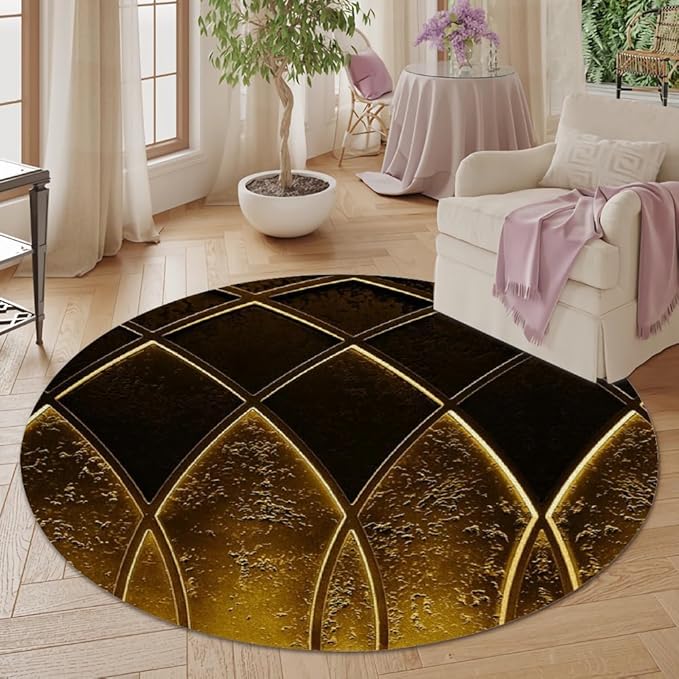 Luxury Black Gold Round Rug Vintage Golden Texture Living Room Circle Area Rugs 8ft Washable Soft Non Slip Low Pile Indoor Floor Carpet for Bedroom Office Kitchen Coffee Table