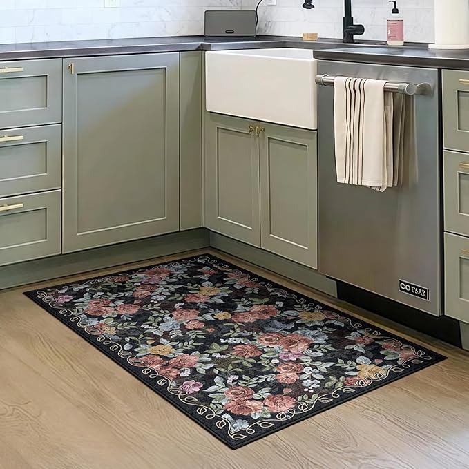2x3 Machine Washable Area Rug for Entryway, Black Vintage Boho Floral Rug Non-Slip Low Pile Soft Faux Wool Small Carpet, Kids and Pets Friendly for Bedroom Kitchen Hallway Bedside Home Decor Rug