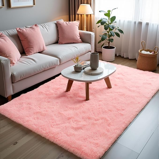 Zentavio Pink Rugs for Girls Room 4x6 Area Rugs for Living Room Cute Carpet for Bedroom Washable Soft Fluffy Shag Aesthetic Plush High Pile Throw Rug for Nursery Kids Room Dorm Room