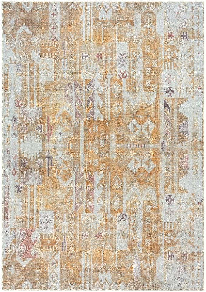 GLN Rugs Traditional Collection - Machine Washable Area Rug, Traditional Washable, Non Slip, Low Pile Chenille Rug, Living Room, Bedroom, Kitchen Rug (4' x 6' Sand/Light Gray)