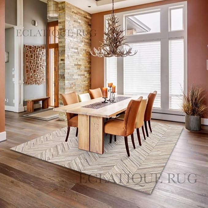 Premium Rectangular Rug Cowhide Leather Stylish Non Slip Chevron Patchwork Area Rug for Living Room,Home Décor and Entryway Floor Carpet (Beige-4 x 6 ft)