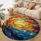 Abstract Colorful Pattern Round Rug Vintage Church Glass Area Rug Washable Soft Non-Slip Floor Carpet Low Pile Accent Rugs for Entryway Living Room Dining Room Bedroom Home Office 8ft