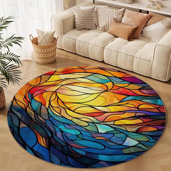 Abstract Colorful Pattern Round Rug Vintage Church Glass Area Rug Washable Soft Non-Slip Floor Carpet Low Pile Accent Rugs for Entryway Living Room Dining Room Bedroom Home Office 8ft