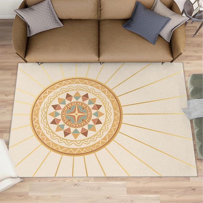 Boho Sun Area Rugs 5x6ft, Minimalist Line Rugs for Kids Bedroom, Geometric Solar Office Rug Low Pile are Not Stumbling Foot for Living Room End Table Nursery