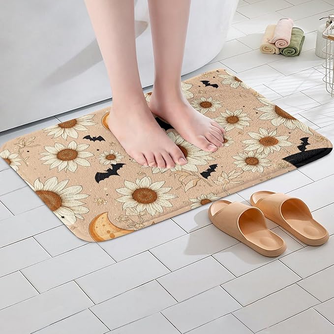 Erosebridal Groovy Daisy Bathroom Mat for Girls Women Retro Flower Floral Microfiber Bath Rug Moon and Stars 3D Entryway Door Mat 16x24 Psychedelic Outer Space Planets Bath Mat Halloween Bats Bath Rug