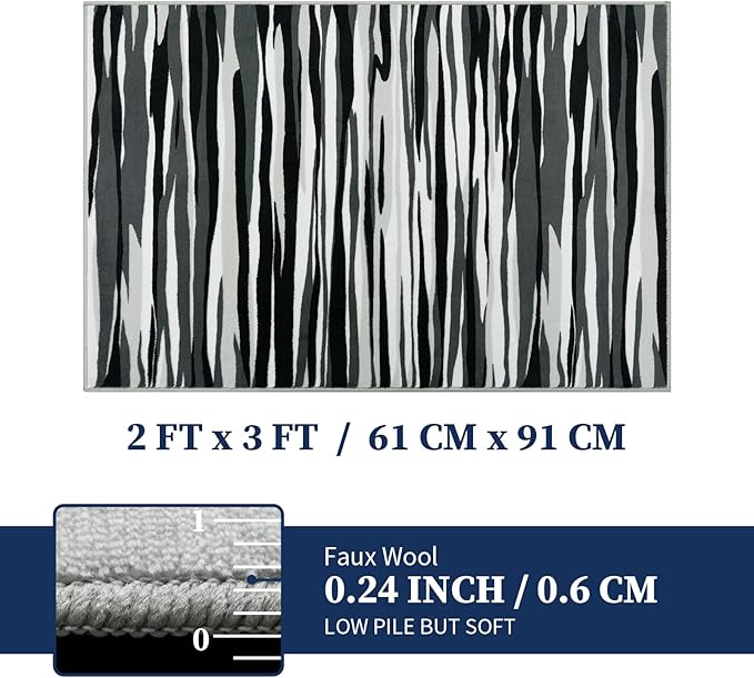 YIHOUSE 2×3 Ft Entryway Rug: Modern Washable Rug - Abstract Small Area Rug for Indoor Entrance Kitchen Floor Home Decor - Nonslip Non-Shedding Striped Rugs, Black Grey & White