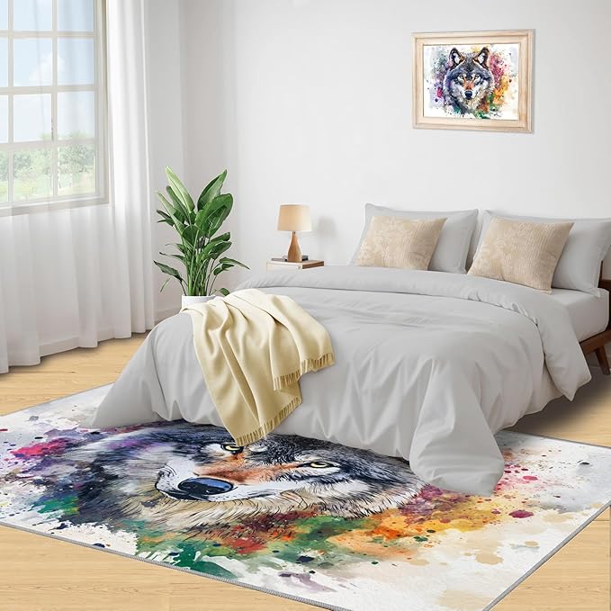 Wolf Rugs for Bedroom - 3x5 Area Rug - Graffiti Wolf Rugs for Living Room, Abstract 3D Animal Graffiti Rug, Washable Home Decor Carpet