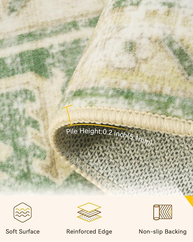 Area Rugs 8'x10' Washable Non-Slip, Floral Vintage Distress Print Pattern Medallion Carpet for Living Room Bedroom Dining Room, Sage Green Yellow