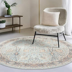 GLN Rugs Traditional Collection - Machine Washable Area Rug, Traditional Washable, Non Slip, Low Pile Chenille Rug, Living Room, Bedroom, Kitchen Rug (5'3" Round Light Blue)