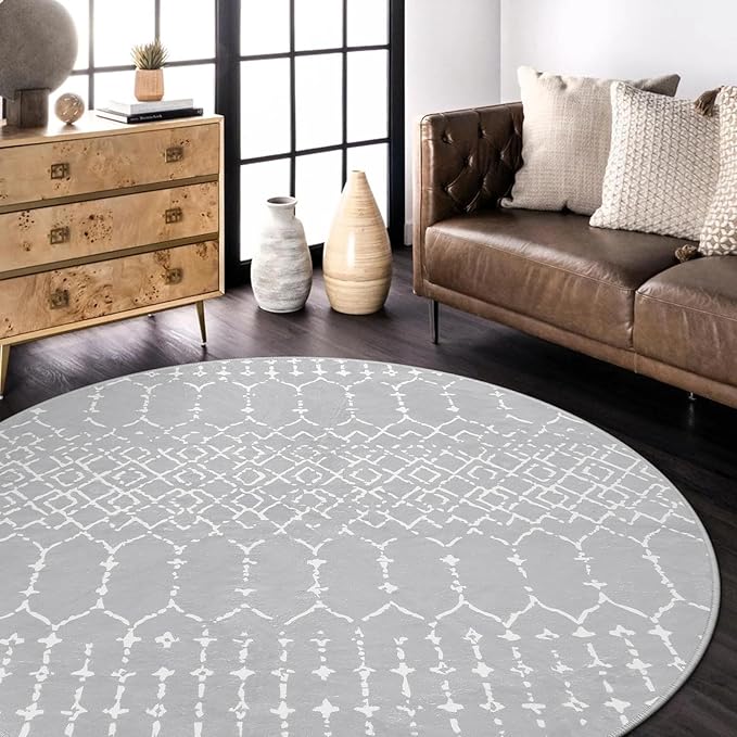Lahome Moroccan Round Rugs 6Ft Washable Circle Area Rug for Living Room Grey Non-Slip Stain Resistant Dining Room Rug Large Circle Rug, Modern Geometric Print Indoor Round for Bedroom Entryway