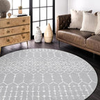 Lahome Moroccan 5Ft Round Rug Machine Washable Round Bedroom Carpet Grey Non-Slip Throw Circle Rugs for Living Room Low-Pile Large Round Rug, Modern Geometric Print Carpet for Office Dining Room
