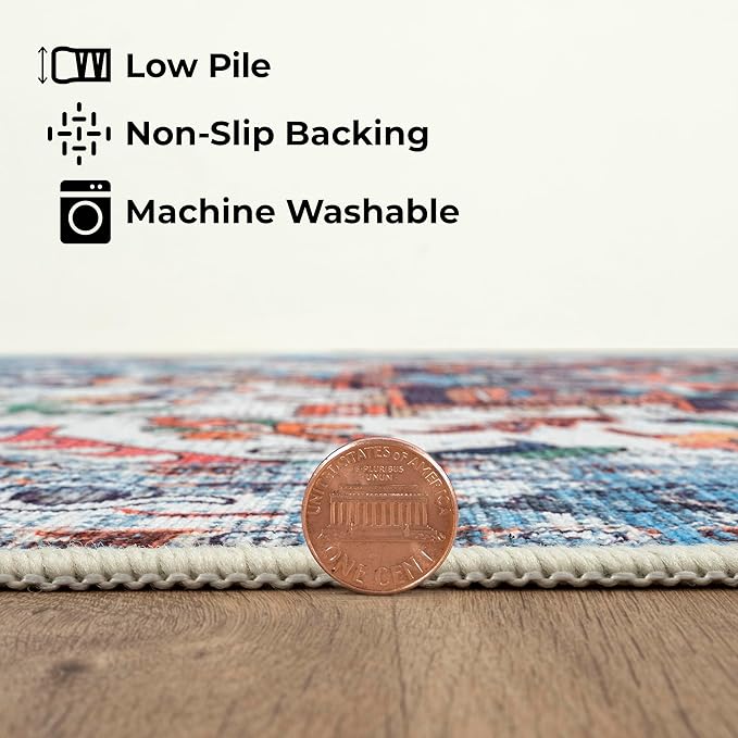 GLN Rugs Traditional Collection - Machine Washable Area Rug, Traditional Washable, Non Slip, Low Pile Chenille Rug, Living Room, Bedroom, Kitchen Rug (9' x 12' Blue/Multicolor)