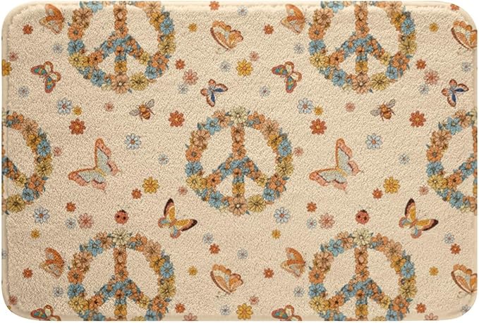 Erosebridal Groovy 70s Theme Bathroom Rugs Retro Peace Sign Mats Boho Butterfly Ultra Soft Bathtub Rugs 20x32 Hippie Honey Bee Room Decor Vintage Flower Floral Bath Mat for Kids