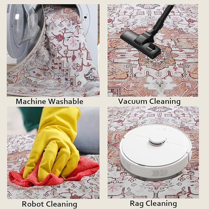 Large Area Rugs 8x10, Washable Vintage Rugs -Low Pile, Soft Plush Rugs for Bedroom, Kitchen, Dining Room, Stain Resistance, Non Shedding & Kid & Pet Friendly, Beige