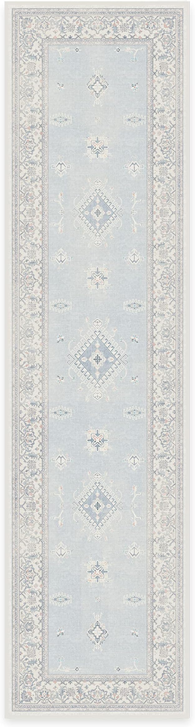RUGGABLE Washable Vintage Runner Rug – Verena Soft Blue 2.5x10, Stain-Resistant, Non-Slip Hallway Runner – Machine Washable Rug for Hallway, Entryway, Living Room & Kitchen–with Cushioned Pad