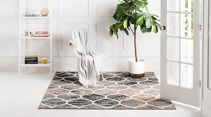Rugs.com Lattice Frieze Collection Rug – 5' Square Blue Multi Medium Rug Perfect for Living Rooms, Kitchens, Entryways