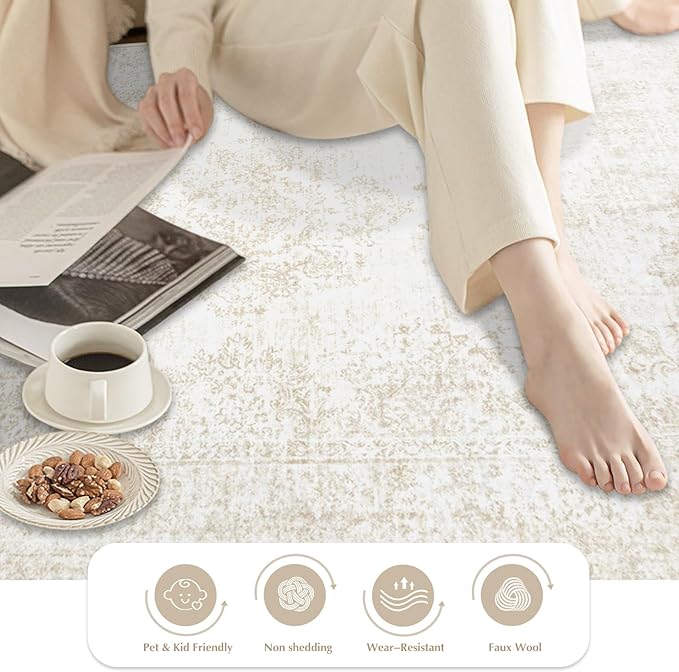 Area Rug 4x6 Entryway Rugs - Machine Washable Vintage Boho Area Rug Non-Slip Bedroom Rugs Soft Stain Resistant Living Room Carpet, Oriental Distressed Rug for Dining Room Office Nursery(Ivory, 4'x6')
