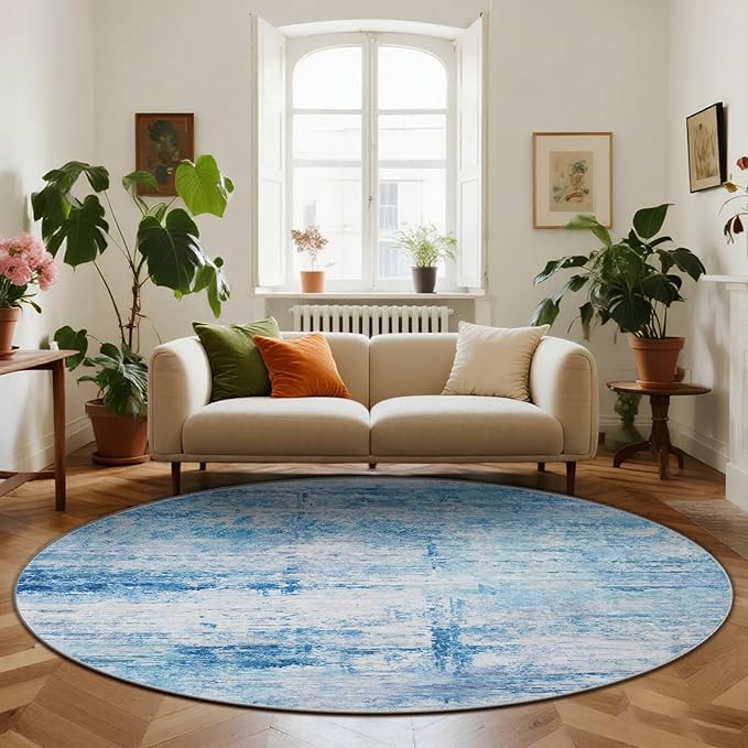 Round 5ft Area Rug Modern Abstract Washable Carpet for Living Room Entryway Dining Room Home Office - Abstract Teal Grey