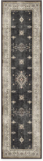 RUGGABLE Washable Vintage Runner Rug – Verena Dark Wood 2.5x10, Stain-Resistant, Non-Slip Hallway Runner – Machine Washable Rug for Hallway, Entryway, Living Room & Kitchen–with Cushioned Pad