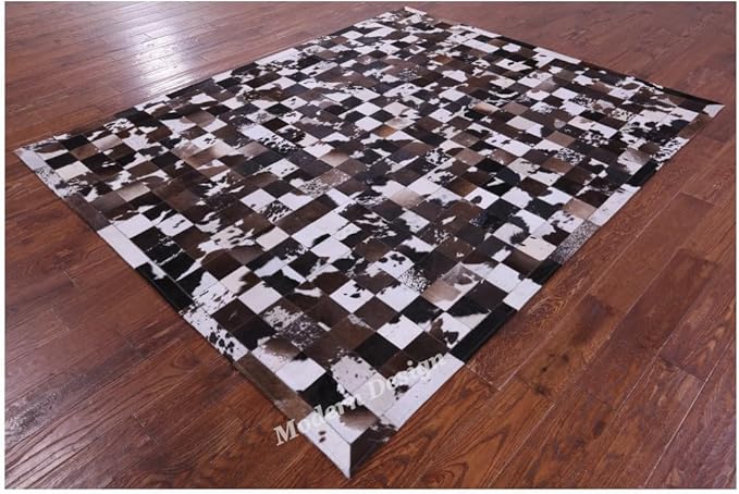 Modern Design Premium Cowhide Leather Carpet with Chevron Pattern, Area Rug (Brown/White-1, 12x15)