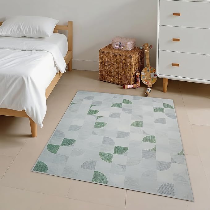 3x5 Rugs Machine Washable, Ultra-Thin Area Rugs for Bedroom Entryway Living Room Bedside Low-Pile, Boho Small Throw Floor Carpet Non Slip Soft Indoor Rug Modern Abstract Light Green