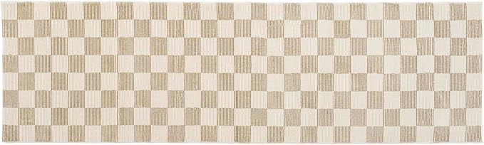 Revival Rugs Gambit 2'7"x9' Checkered Rug Machine Washable Runner Rug for Hallway Entryway - 100% Recycled Oeko-TEX Certified, Medium Pile, Camel, Beige