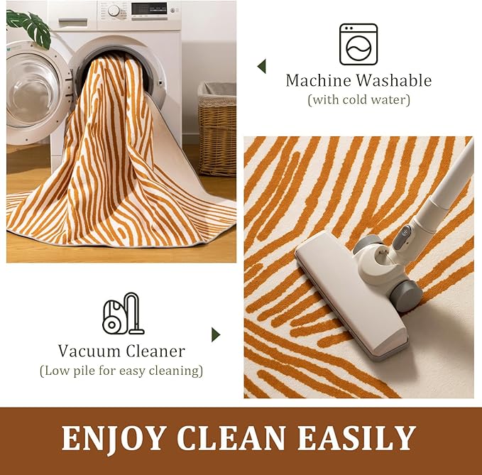 YIHOUSE Orange Rug for Living Room, 5×7 Modern Abstract Area Rug, Geometric Contemporary Wave Striped Rugs for Playroom Nursery, Washable Nonslip Large Rug for Bedroom Dining Room
