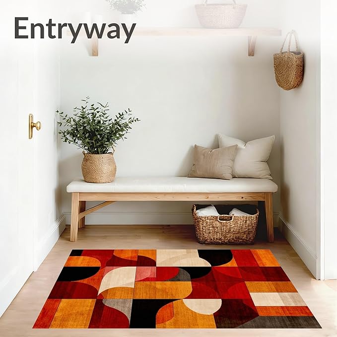 Flatwoven High Traffic Area Rug 5x7, Ember Abstract Geometric Shape Throw Indoor Floor, Non Slip, Stain Resistant, Washable Area Rugs for Living Room, Bedroom (Orange, 5x7)