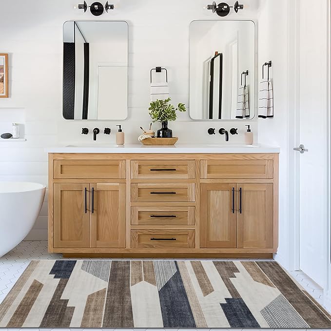 ReaLife Rugs Machine Washable Area Rug Runner - Living Room Bedroom Bathroom Kitchen Entryway Office - Non-Slip Baking Low Pile Stain Resistant Premium - Modern Geometric - Theo - Beige 2'6" x 6'