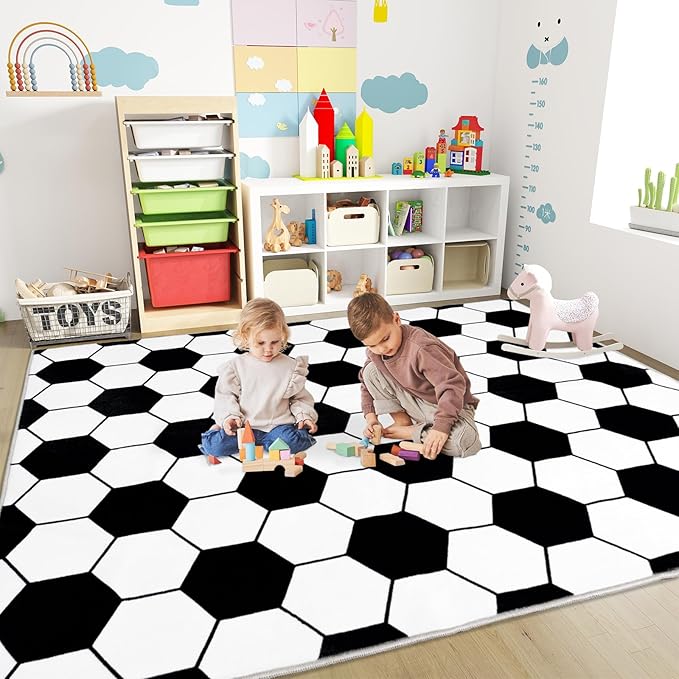 Soft Soccer Rug, Gifts for Boys Girls, Cute Bedside Shag Area Rug for Kids Toddlers Teens, Non Slip Room Decor Indoor Carpet for Bedroom Living Room, Nursery, Machine Washable 8x10 FT