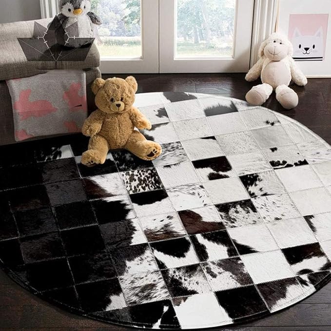 Cowhide Round Leather Rug 6x6 ft – Genuine Hair-On Hide Patchwork Area Rug for Living Room, Bedroom, Kids Playroom, Lounge & Western Home Decor
