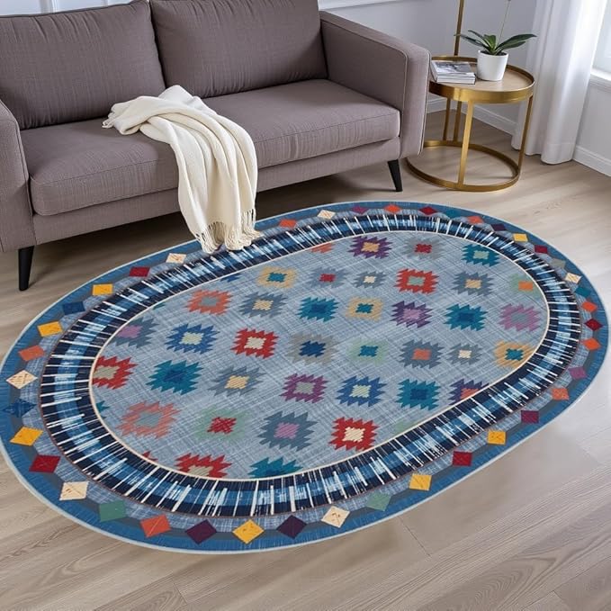 Funky Vintage Blue Red Orange Geometric Texture Indoor Area Rug for Living Room Bedroo Dining Room Faux Wool Soft Low Pile Oval Rugs 6x9 Entrance Nursery Farmhouse Rustic Country Home Office Carpet