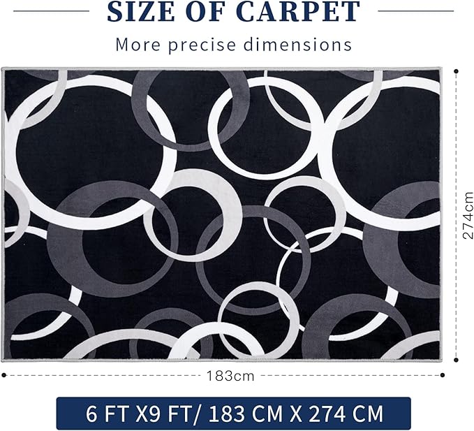 YIHOUSE 6x9 Ft Area Rugs, Concentric Circle Carpet Washable Rug, Black and White Geometric Design Rug for Spacious Living Rooms, Master Bedrooms, Dining Room, Home Office Decor, Nonslip Non-Shedding