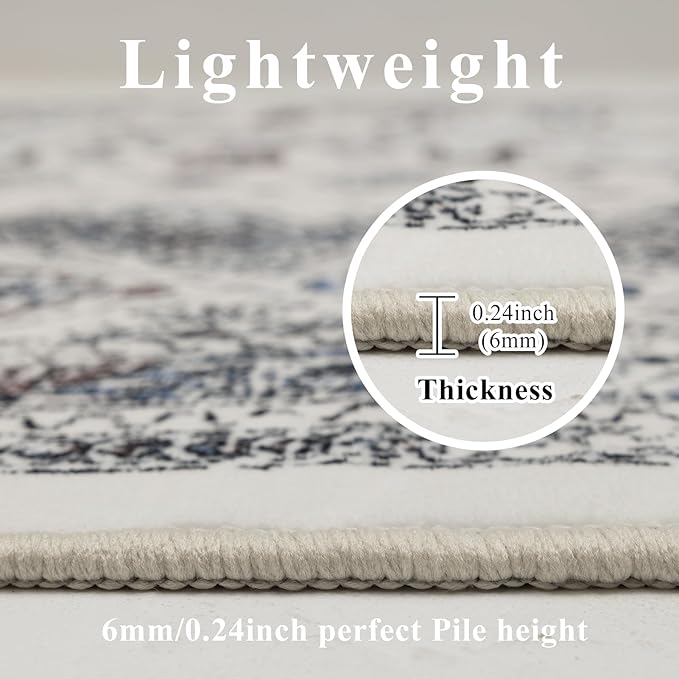 Washable 6x9 Area Rug for Living Room, Carpet for Bedroom Dining Room, Non Slip&Non-Shedding Resistant Low Pile Vintage Print Rug for Home Office (White Cream/Gray)