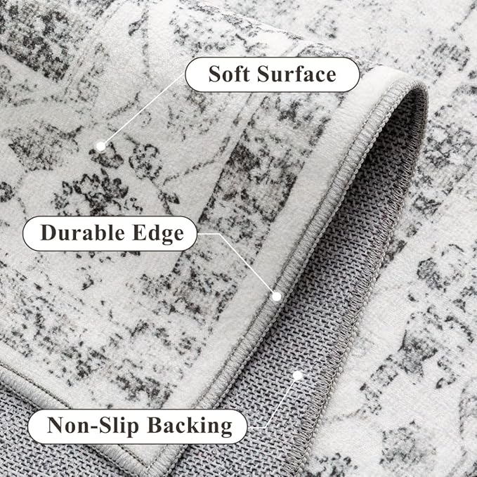 Grey 4x6 Entryway Rug Vintage Area Carpet Indoor Kitchen Washable Door Mat Entrance Small Low Pile Traditional Distressed Retro Accent Throw Rug Non Slip Office Bathroom