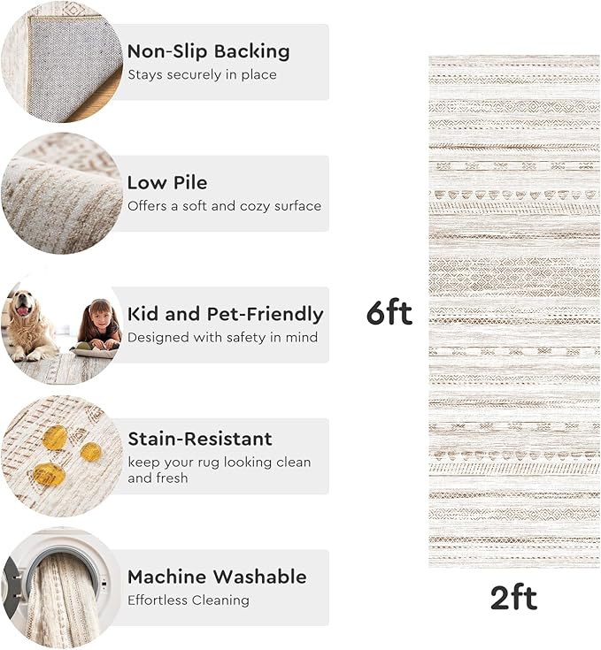 2x6 Runner Rug Machine Washable Non Slip Area Rug Distressed Neutral Moroccan Boho Rug Ultra Soft Floor Runners for Hallways for Entryway Laundry Room Kitchen, Light Brown