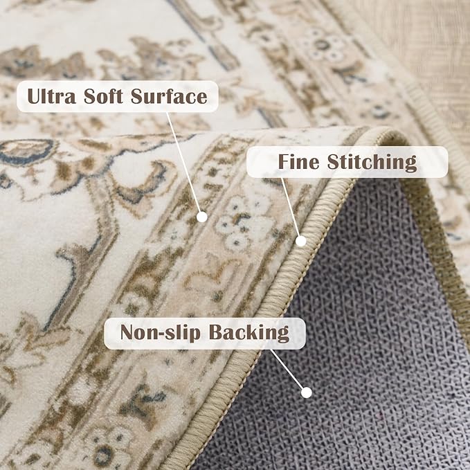 jinchan Fiora Round Rug 5ft Area Rug - Indoor Vintage Hallway Circle 5' Washable - Ultra-Thin Low Pile Soft Small Non Slip Distressed Floral Print for Living Room Dining Room Bedroom Entryway Taupe
