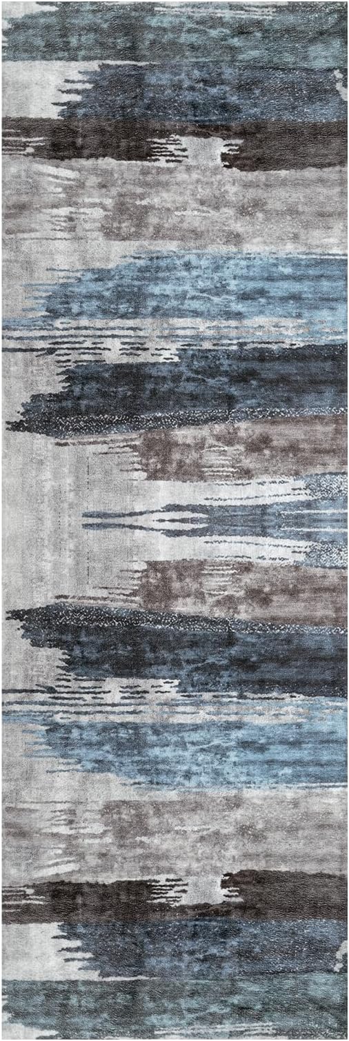 Ciicool 3x8 Washable Runner Rug, Modern Abstract Hallway Rugs Runner, Non-Slip Thin Accent Rug Lightweight Navy Grey Print Distressed Carpet for Kitchen Laundry Entryway Bedroom Indoor