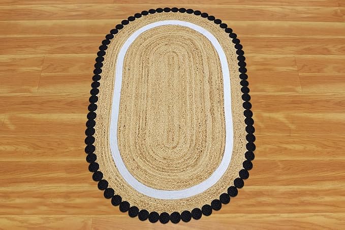 12x15 Oval Jute Rugs for Bedroom Kilim Rug Flatweave Rug Natural Jute Thick 0.27" Solid Pattern Black Beige Hand Braided Jute Handmade Boho Indoor Outdoor Rugs for Living Room Dining Room
