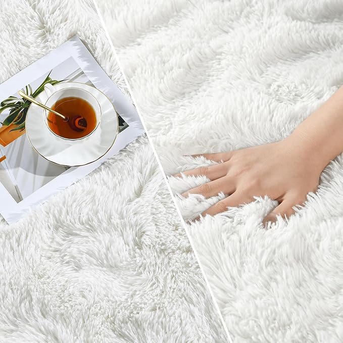 Large Shag Area Rugs 10 x 14, Tie-Dyed Plush Fuzzy Rug for Living Room, Ultra Soft Fluffy Furry Rugs for Bedroom, Anti-Skid Indoor Carpet Nursery Rugs for Kids Room Home Decor, White