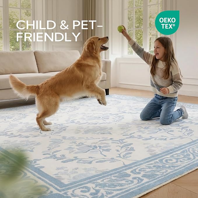 SOULFUL Medium Pile 4x6 Rugs for Living Room - Soft Underfoot Area Rug - Mist Blue Boho Floral - Washable Non-Slip - Perfect for Bedroom Kids Room Under Dining Table Office