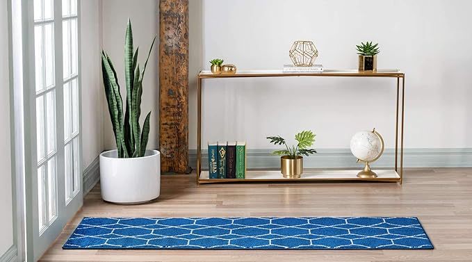 Unique Loom Trellis Frieze Collection Area Rug - Geometric (2' x 13' 1" Runner Navy Blue/Ivory)