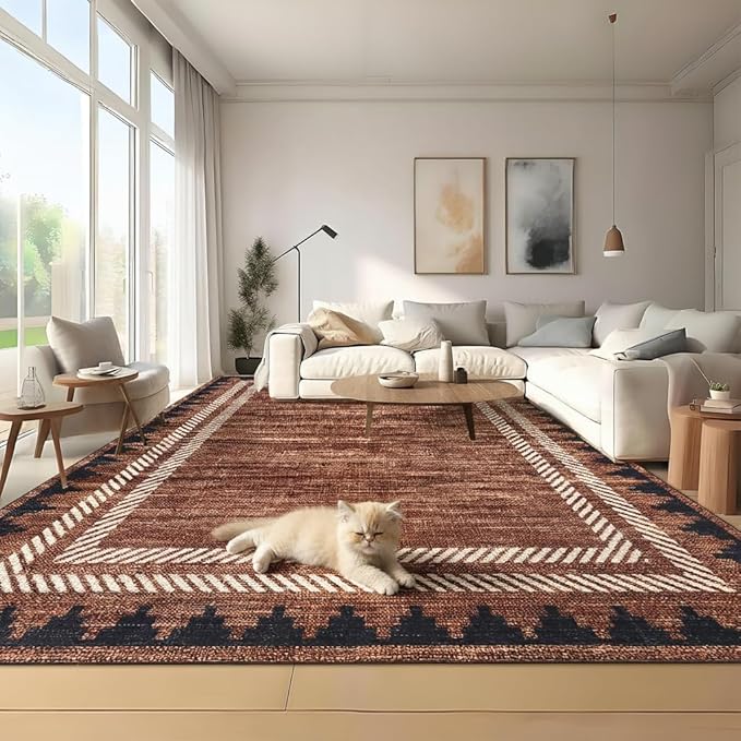 Geometric Bordered 5x7 Washable Low Pile Area Rugs for Bedroom Living Room Playroom Modern Non Slip Foldable Soft Indoor Carpet Stain Resistant Non-Shedding Dining Room Farmhouse Rug, Brick Red